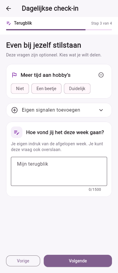 Optionele terugblik en eigen vroege signalen in de vragenlijst.