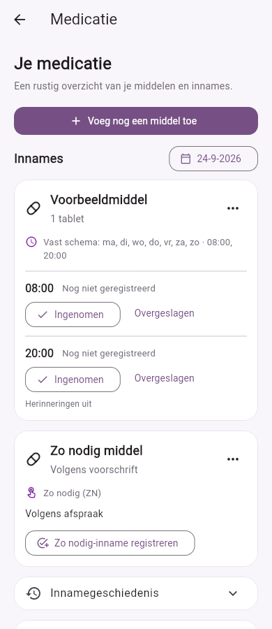 Medicatieoverzicht met een vast schema en zo nodig-medicatie.